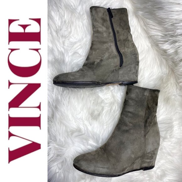 VINCE Michela Moss Green Suede Leather Covered Wedge Bootie, 7M/37.5 - Picture 2 of 16